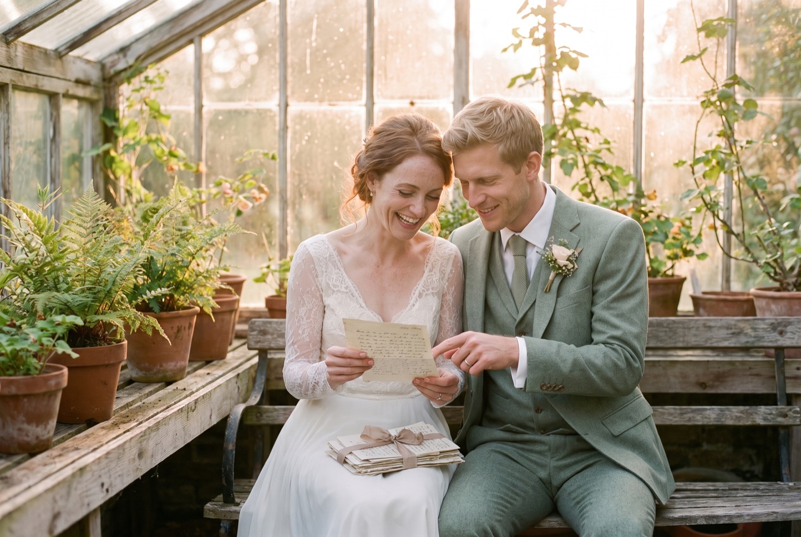 A bundle of aged handwritten letters tied with ribbon, resting on a weathered wooden surface in warm daylight.